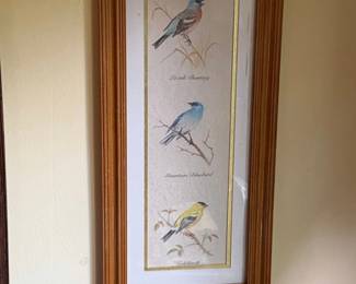 Framed Set of Three Bird Prints Lazuli Bunting, Mountain Bluebird, and Goldfinch