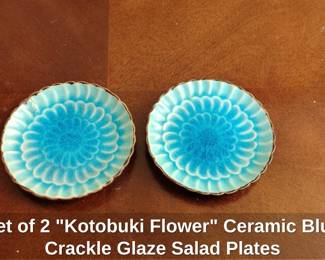 Set of Kotobuki Flower Ceramic Blue Crackle Glaze Salad Plates