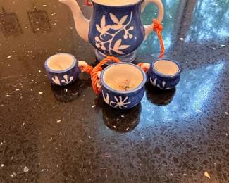 Blue and White Ceramic Miniature Teapot and Cups Set with Orange Cord second image