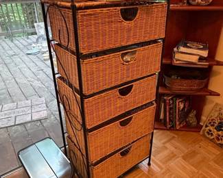 Wicker and Metal Bakers Rack with Drawers