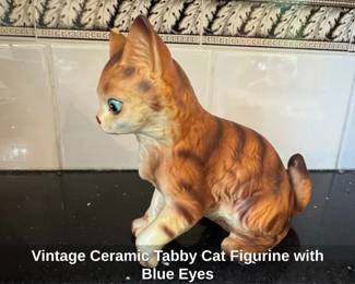 Vintage Ceramic Tabby Cat Figurine with Blue Eyes second image