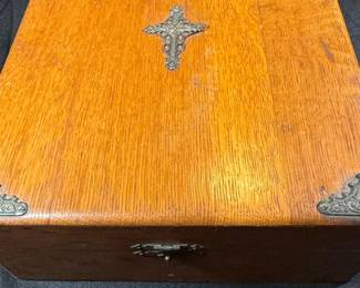 Antique Oak Sick Call or Last Rites Box with Ornate Metal Embellishments second image