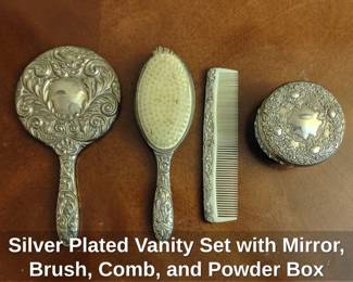 Silver Plated Vanity Set with Mirror, Brush, Comb, and Powder Box second image