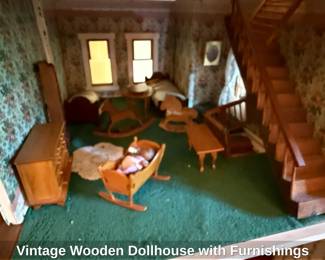 Vintage Wooden Dollhouse with Furnishings third image