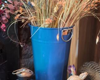 Decorative Autumn Floral Arrangement in Blue Metal Bucket