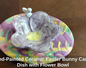 HandPainted Ceramic Easter Bunny Candy Dish with Flower Bowl