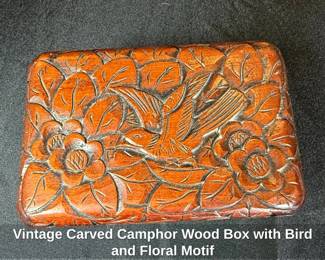 Vintage Carved Camphor Wood Box with Bird and Floral Motif
