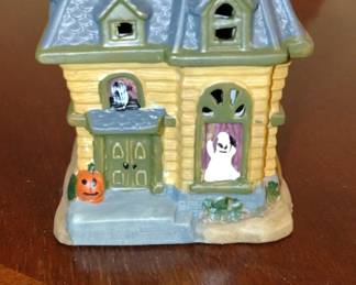 Haunted House Ceramic Figurine with Ghosts and Pumpkin