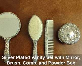 Silver Plated Vanity Set with Mirror, Brush, Comb, and Powder Box