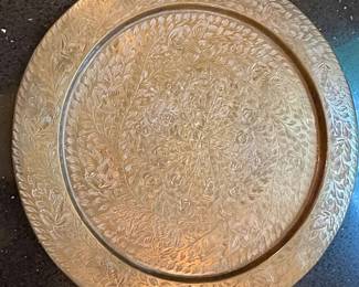 Vintage Indian Brass Decorative Plate with Floral Engraving