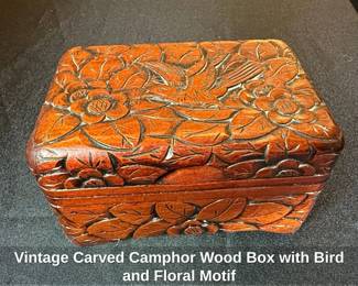 Vintage Carved Camphor Wood Box with Bird and Floral Motif second image