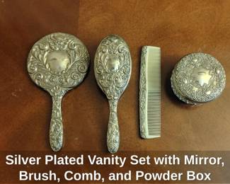 Silver Plated Vanity Set with Mirror, Brush, Comb, and Powder Box third image