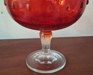 Ruby Red Glass Hobnail Footed Compote Bowl