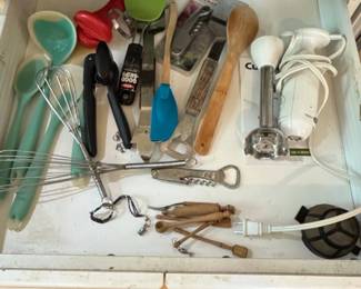 Assorted Kitchen Utensils and Immersion Blender with Drawer Organizers