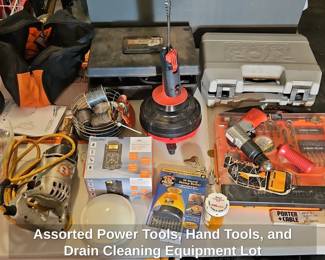 Assorted Power Tools, Hand Tools, and Drain Cleaning Equipment Lot