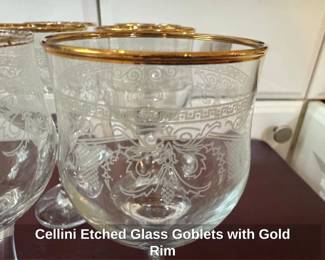 Cellini Etched Glass Goblets with Gold Rim second image