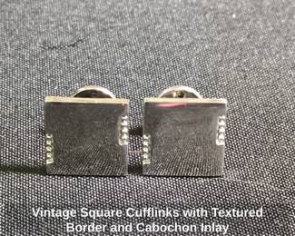 Vintage Square Cufflinks with Textured Border and Cabochon Inlay