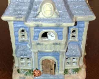 Ceramic Haunted House Figurine with Ghost and Pumpkin