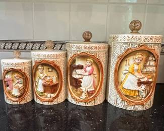 Sears Roebuck and Co. Kitchen Scene Ceramic Canister Set with Salt and Pepper Shakers second image