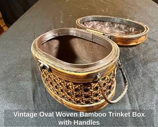 Vintage Oval Woven Bamboo Trinket Box with Handles second image