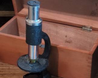 Vintage Brass and Cast Iron Microscope with Wooden Case