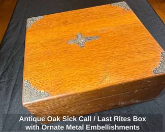 Antique Oak Sick Call or Last Rites Box with Ornate Metal Embellishments third image