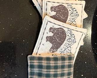 Set of Rustic Bear and Forest Fabric Coasters with Plaid Holder second image