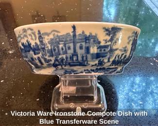 Victoria Ware Ironstone Compote Dish with Blue Transferware Scene