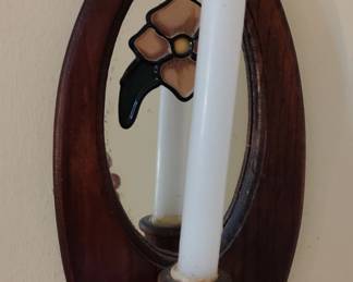 Wooden Wall Sconce with Stained Glass Flower Accent and Mirror