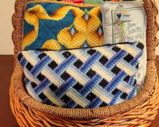Woven Wicker Basket with Bargello Needlepoint Inserts