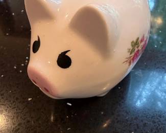Vintage Ceramic Piggy Bank with Pink Roses Decal