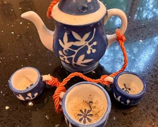 Blue and White Ceramic Miniature Teapot and Cups Set with Orange Cord