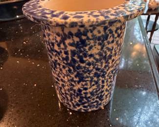 Blue Spongeware Stoneware Butter Crock