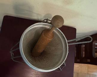 Vintage Aluminum Cone Food Mill Strainer with Wooden Pestle and Stand second image