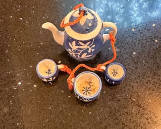 Blue and White Ceramic Miniature Teapot and Cups Set with Orange Cord fourth image