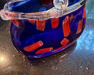 Block Crystal Hand Blown Cobalt Blue and Red Swirl Glass Purse Vase