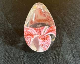Glass Eye Studio Art Glass Pink Floral Egg Paperweight