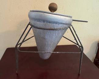 Vintage Aluminum Cone Food Mill Strainer with Wooden Pestle and Stand