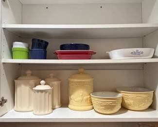 CorningWare Blue Cornflower Casserole Dish with Assorted Embossed Ceramic Canisters and Mixing Bowls