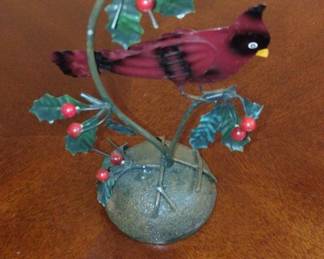 Metal Cardinal on Holly Branch Figurine
