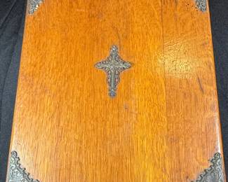 Antique Oak Sick Call or Last Rites Box with Ornate Metal Embellishments