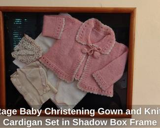 Vintage Baby Christening Gown and Knitted Cardigan Set in Shadow Box Frame