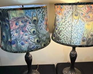 Peacock Feather Tiffany Style Table Lamps Pair second image