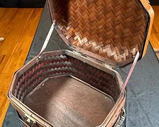 Vintage Octagonal Woven Bamboo Storage Chest with Hinged Lid and Brass Clasp second image