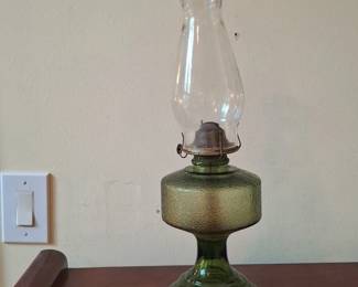 Green Glass Oil Lamp with Embossed Base  PA Mfg Co