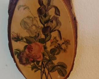 Vintage Oval Wood Slice Wall Art with Botanical Print