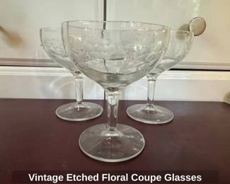 Vintage Etched Floral Coupe Glasses
