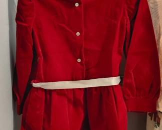 Vintage Red Velvet Childrens Dress with Lace and Pearl Details second image