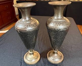 Pair of Vintage Brass Vases with Engraved Floral Motifs