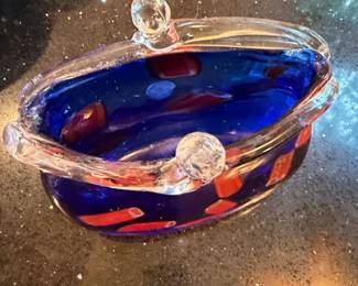 Block Crystal Hand Blown Cobalt Blue and Red Swirl Glass Purse Vase second image